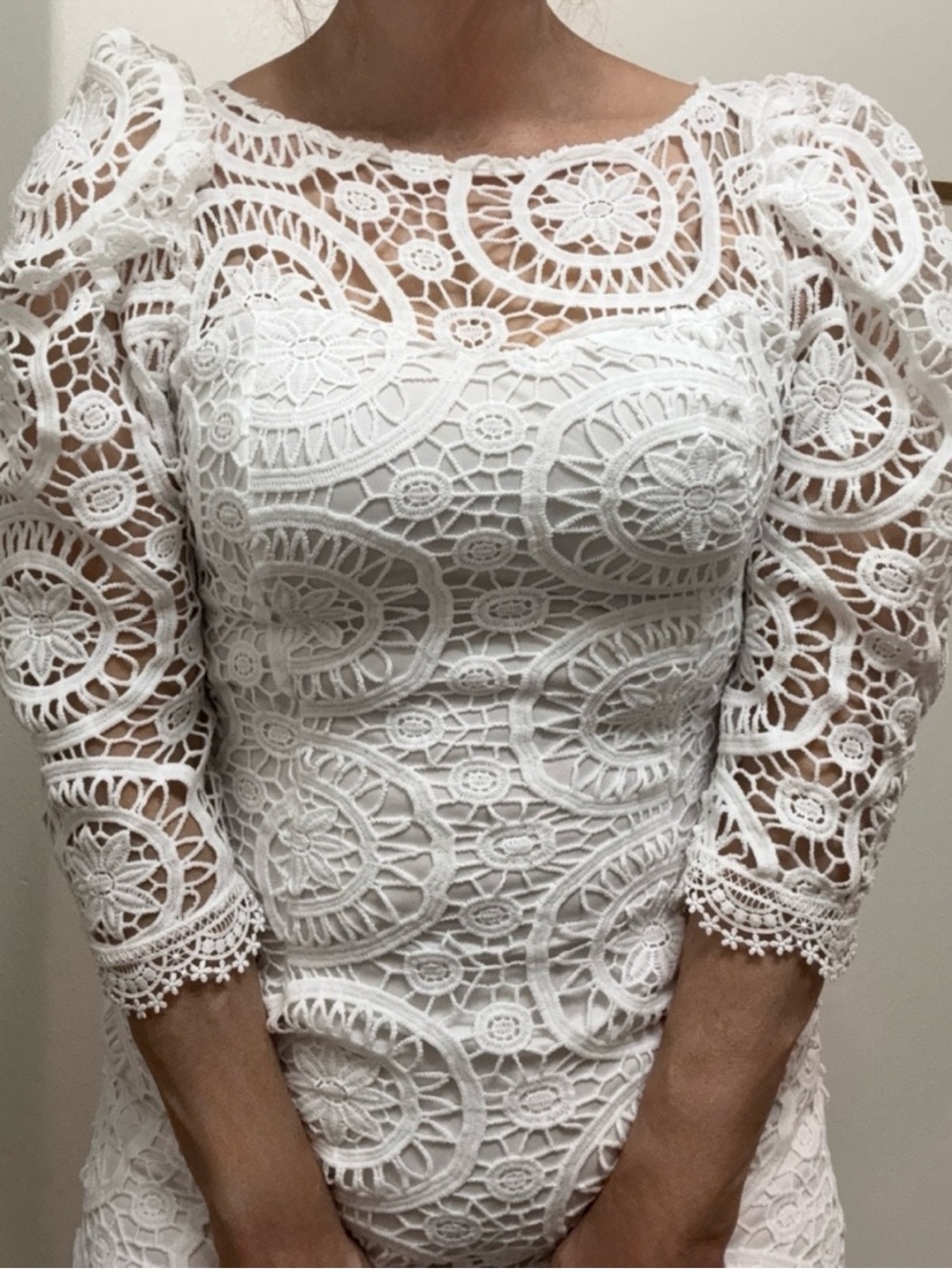 White Crochet Lace Midi Dress Medium New with Tags Back Zip & Slit